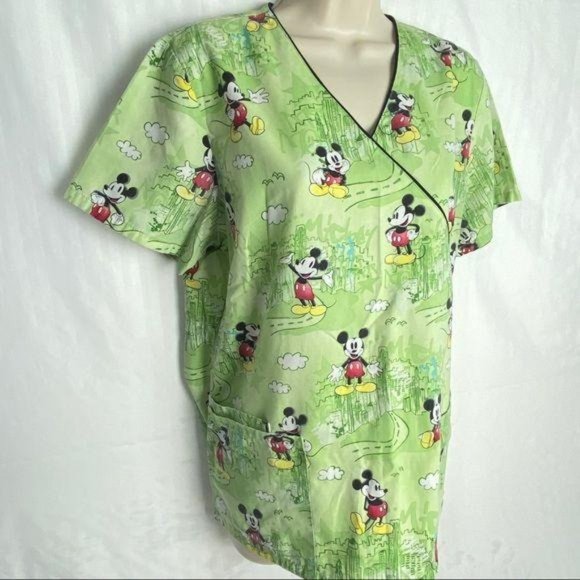 4/$25 Disney Mickey Mouse Scrub Top Cityscape Green Women's Small - Picture 4 of 8